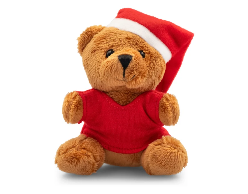 Brązowy brelok pluszowy miś z czapką Mikołaja i logo