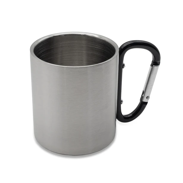 Czarny kubek stalowy 220 ml z karabińczykiem i logo
