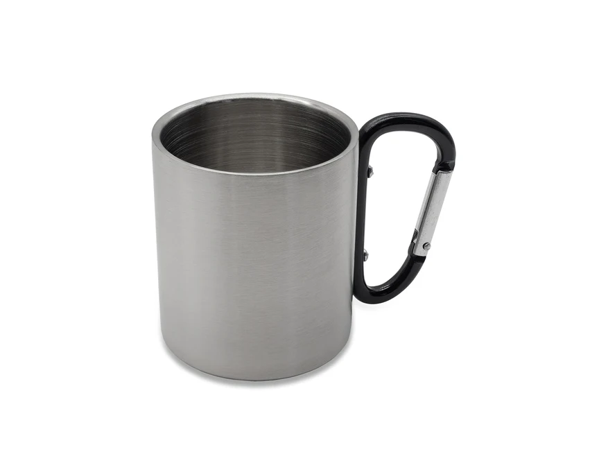 Czarny kubek stalowy 220 ml z karabińczykiem i logo
