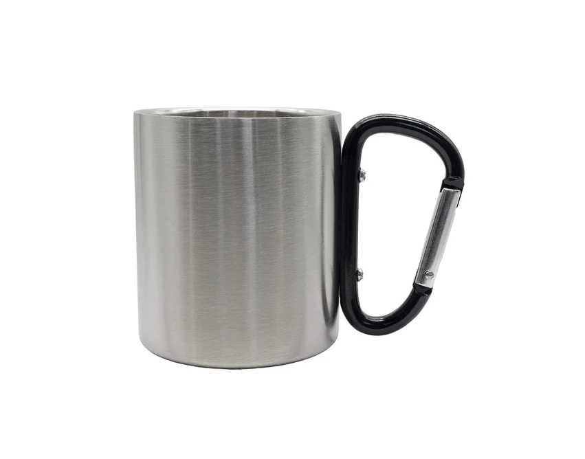 Czarny kubek stalowy 220 ml z karabińczykiem i logo