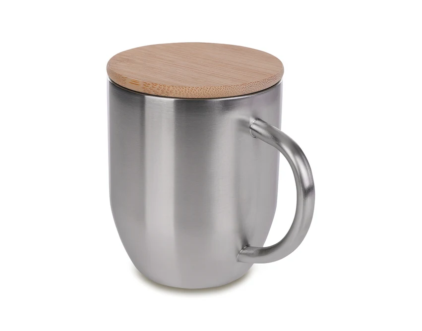 Srebrny kubek Maloy 350 ml z bambusową przykrywką i logo