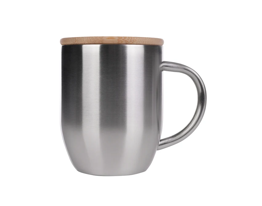 Srebrny kubek Maloy 350 ml z bambusową przykrywką i logo