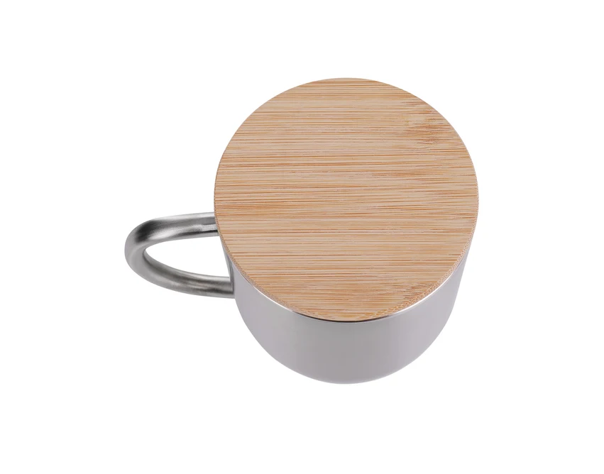 Srebrny kubek Maloy 350 ml z bambusową przykrywką i logo