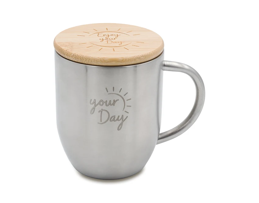 Srebrny kubek Maloy 350 ml z bambusową przykrywką i logo