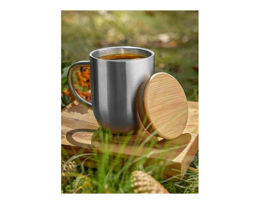 Srebrny kubek Maloy 350 ml z bambusową przykrywką i logo