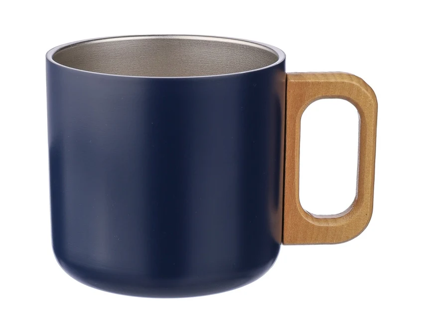 Granatowy kubek reklamowy z drewna i stali 400 ml z logo