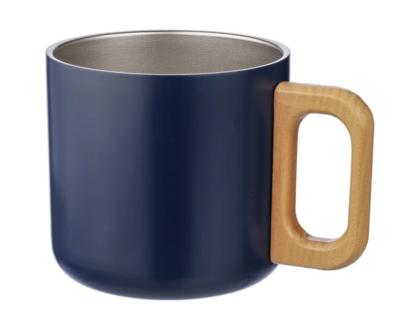Granatowy kubek reklamowy z drewna i stali 400 ml z logo