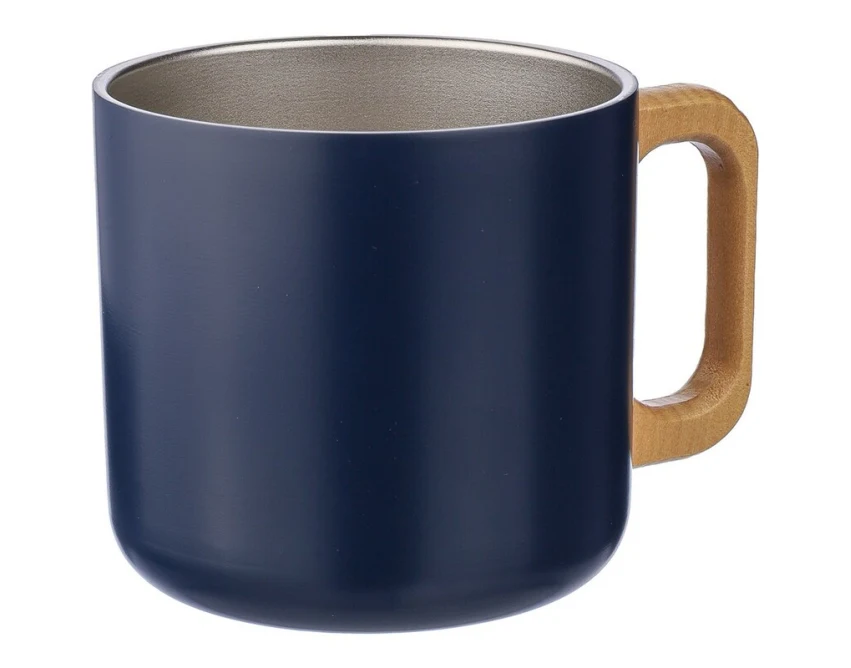 Granatowy kubek reklamowy z drewna i stali 400 ml z logo