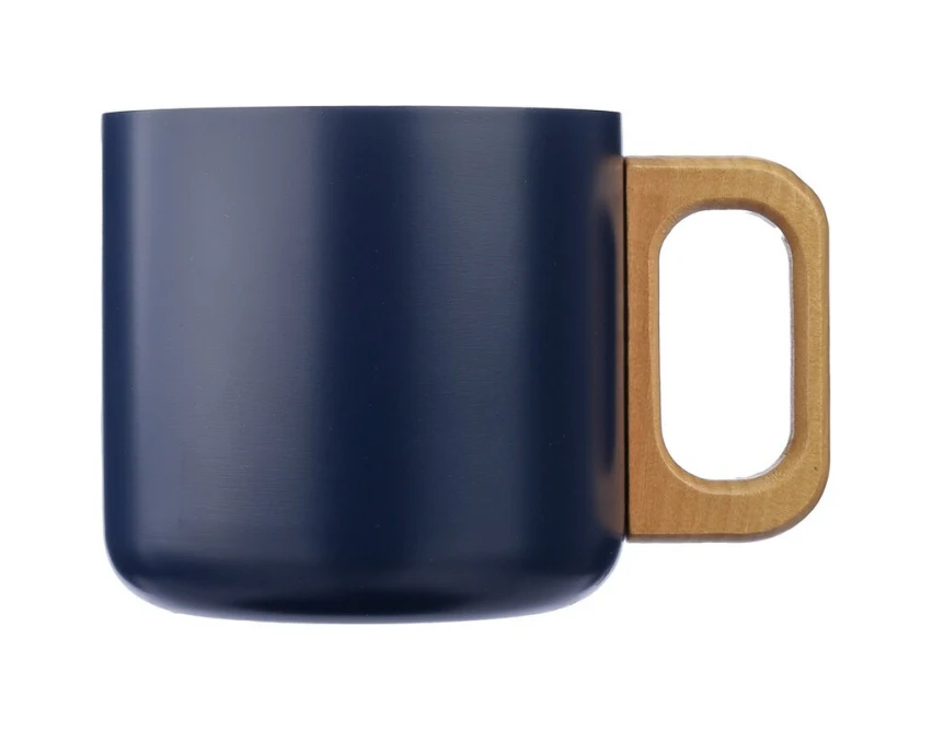 Granatowy kubek reklamowy z drewna i stali 400 ml z logo