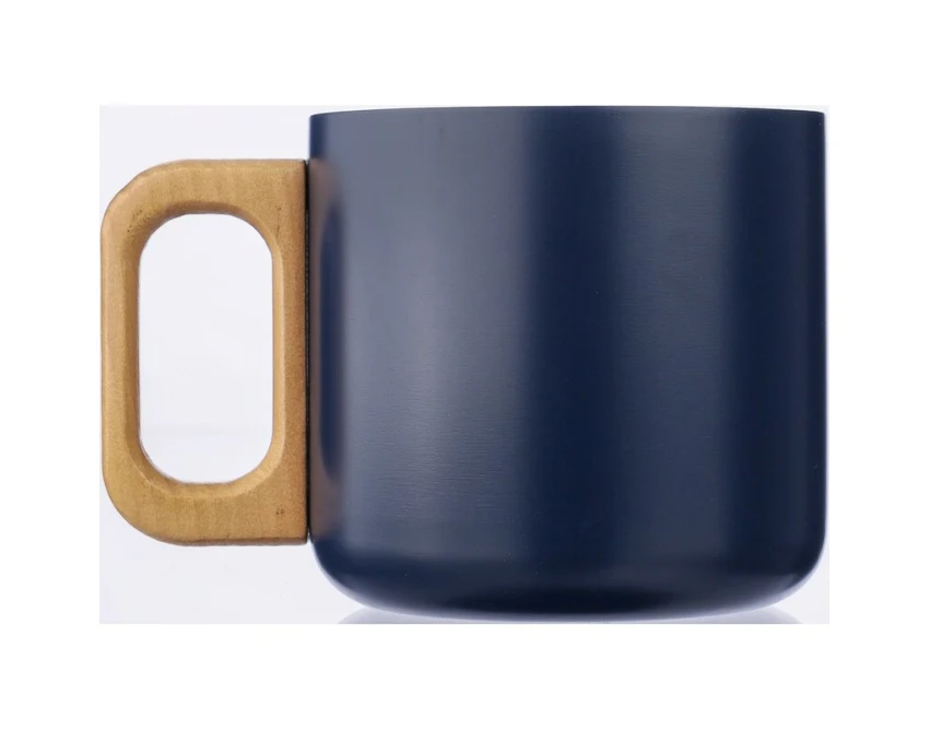 Granatowy kubek reklamowy z drewna i stali 400 ml z logo