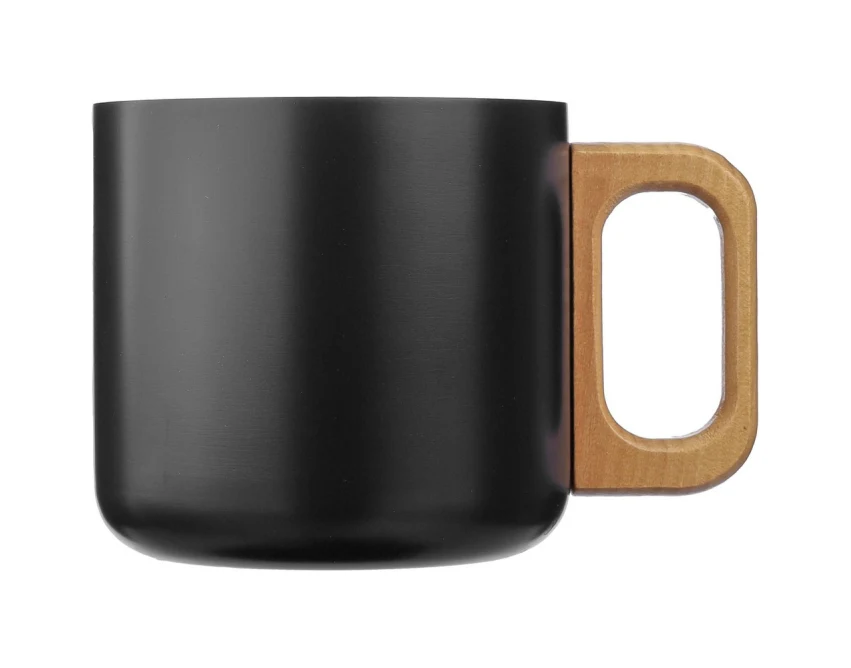 Czarny kubek metalowy 400 ml z grawerem i drewnianym uchwytem