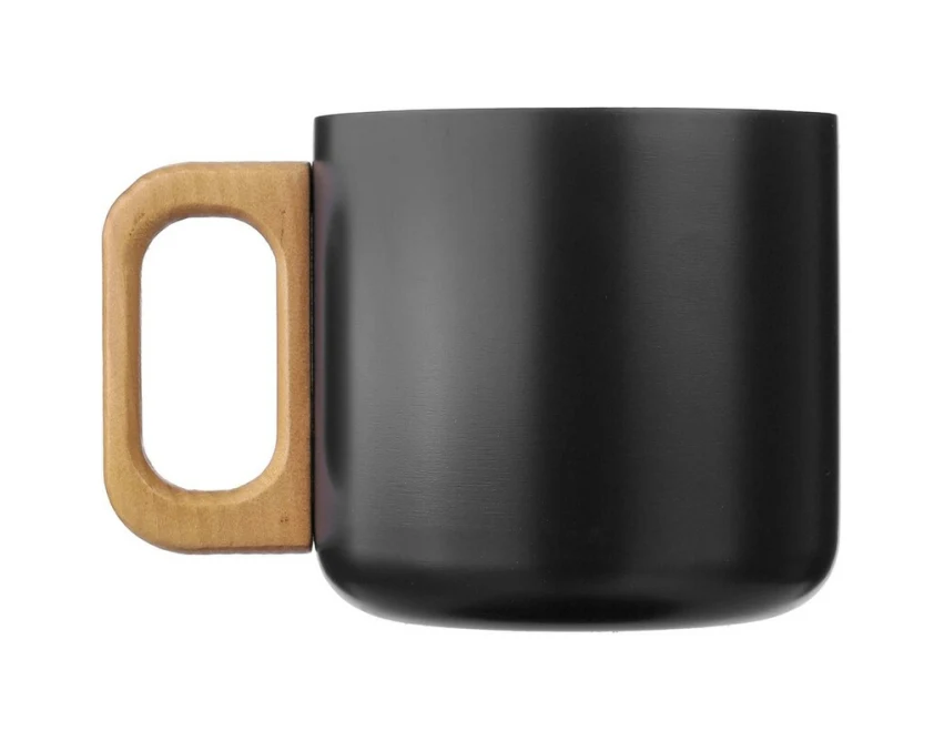 Czarny kubek metalowy 400 ml z grawerem i drewnianym uchwytem