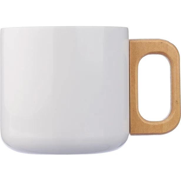 Biały kubek metalowy 400 ml z drewnianym uchwytem i logo