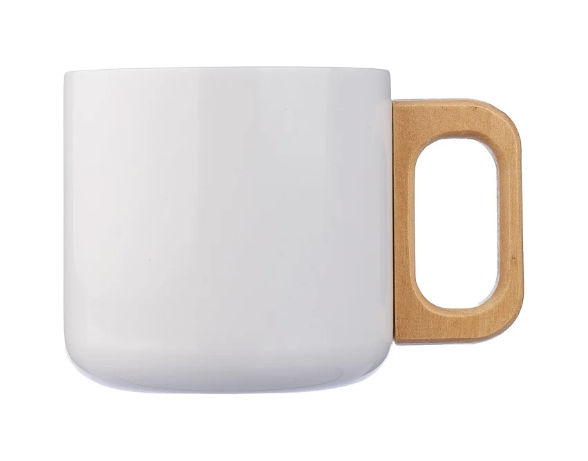 Biały kubek metalowy 400 ml z drewnianym uchwytem i logo