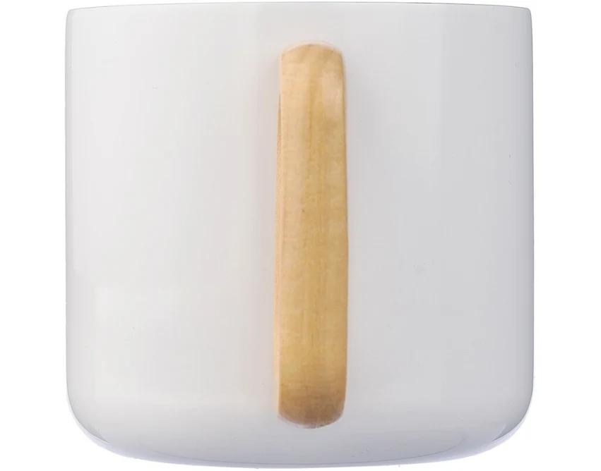 Biały kubek metalowy 400 ml z drewnianym uchwytem i logo