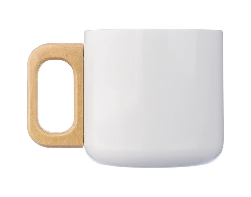 Biały kubek metalowy 400 ml z drewnianym uchwytem i logo