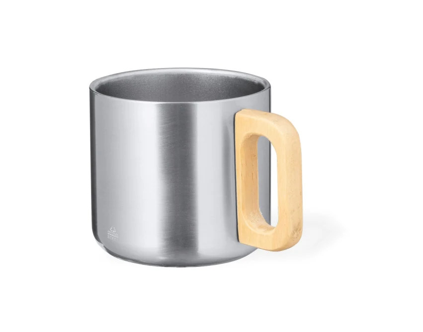 Srebrny kubek metalowy 400ml z drewnem i grawerem logo