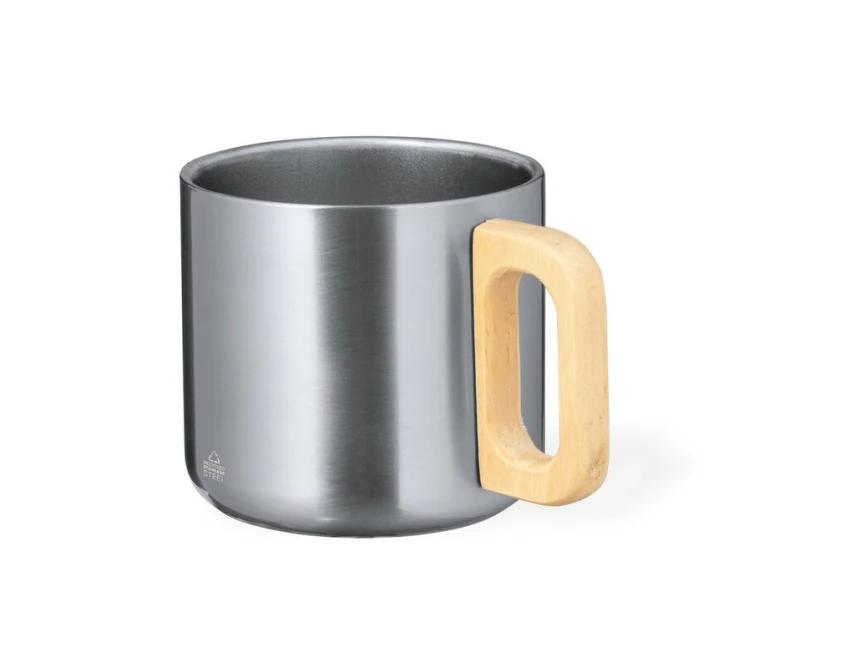 Srebrny kubek metalowy 400ml z drewnem i grawerem logo