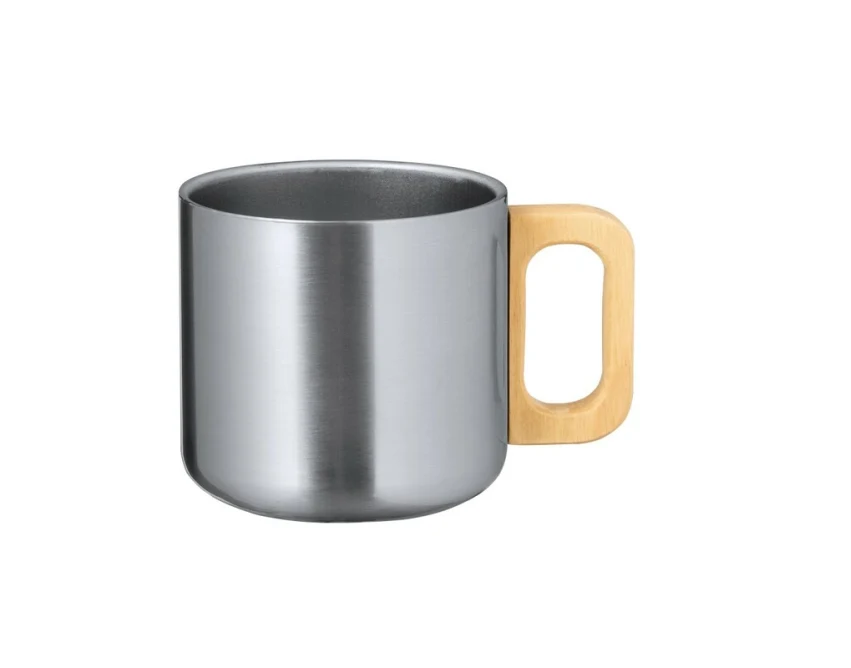 Srebrny kubek metalowy 400ml z drewnem i grawerem logo