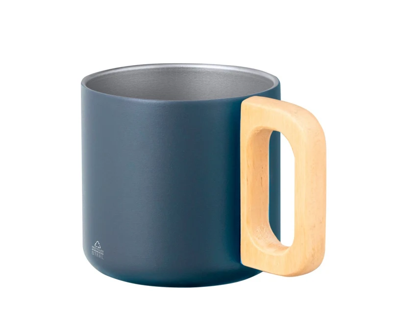 Granatowy kubek stalowy 400ml z drewnianym uchwytem i grawerem