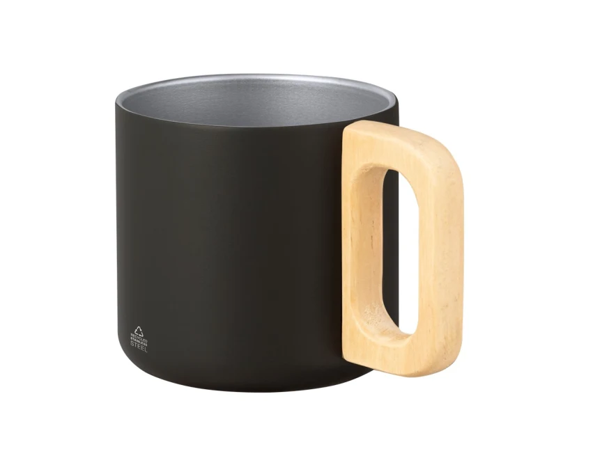 Czarny kubek metalowy 400ml z drewnianym uchwytem i logo