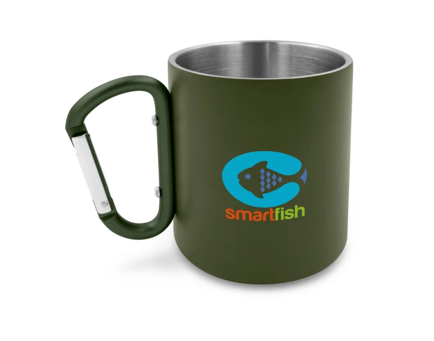 Oliwkowy kubek metalowy 280ml z karabińczykiem i grawerem
