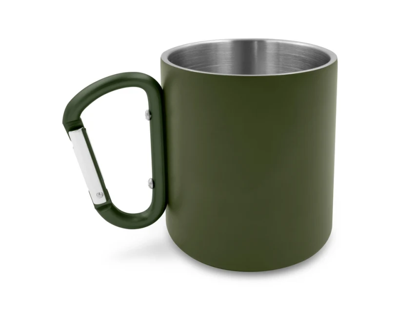 Oliwkowy kubek metalowy 280ml z karabińczykiem i grawerem