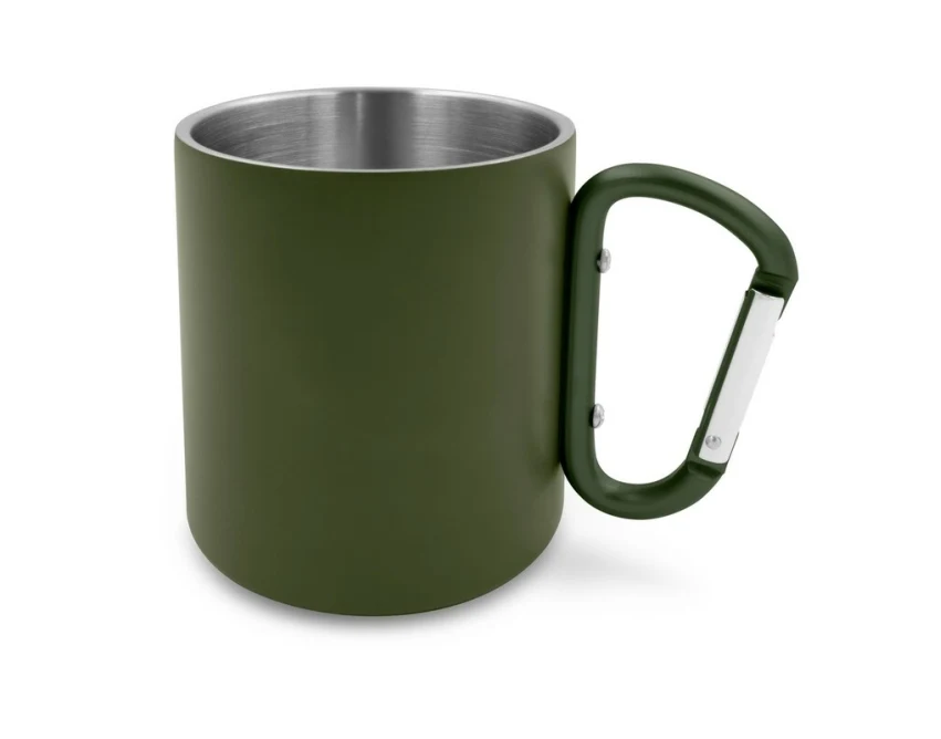 Oliwkowy kubek metalowy 280ml z karabińczykiem i grawerem