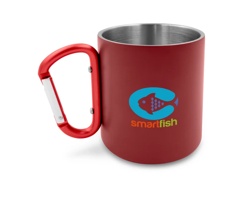 Czerwony kubek metalowy 280 ml z karabińczykiem i logo
