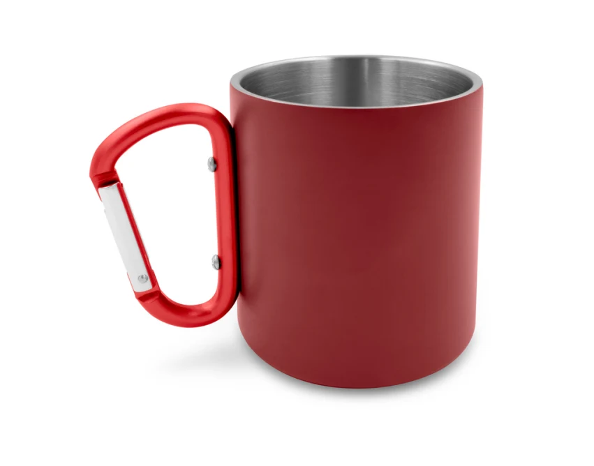 Czerwony kubek metalowy 280 ml z karabińczykiem i logo