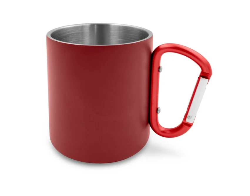 Czerwony kubek metalowy 280 ml z karabińczykiem i logo