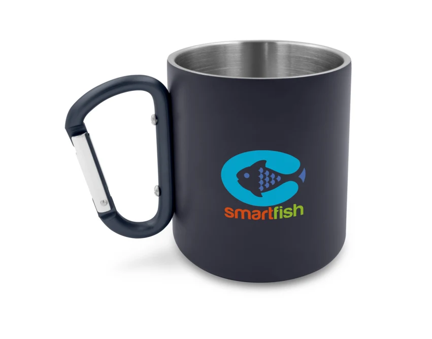 Kubek stalowy granatowy 280 ml z karabińczykiem, z logo