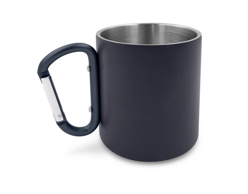 Kubek stalowy granatowy 280 ml z karabińczykiem, z logo