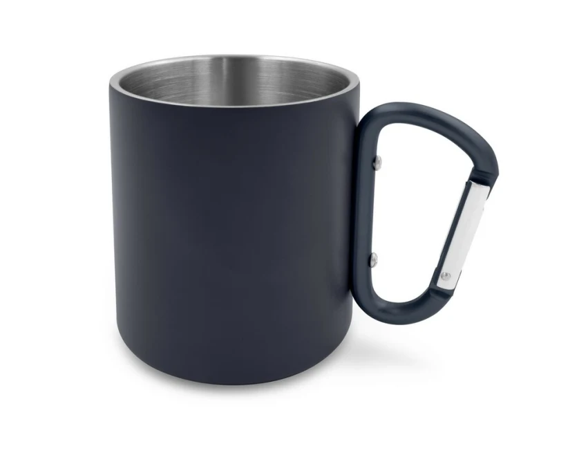 Kubek stalowy granatowy 280 ml z karabińczykiem, z logo