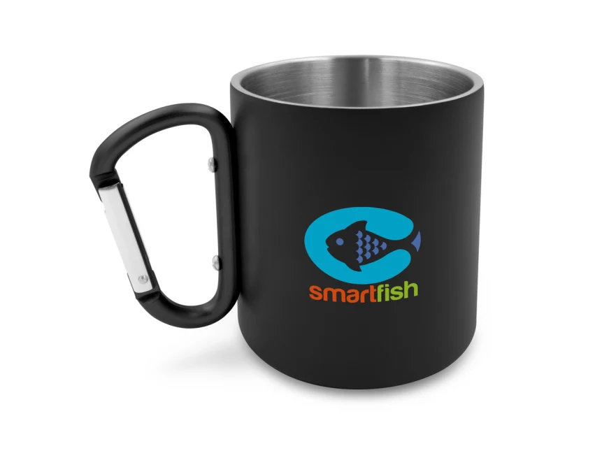 Czarny kubek metalowy 280 ml z karabińczykiem i nadrukiem