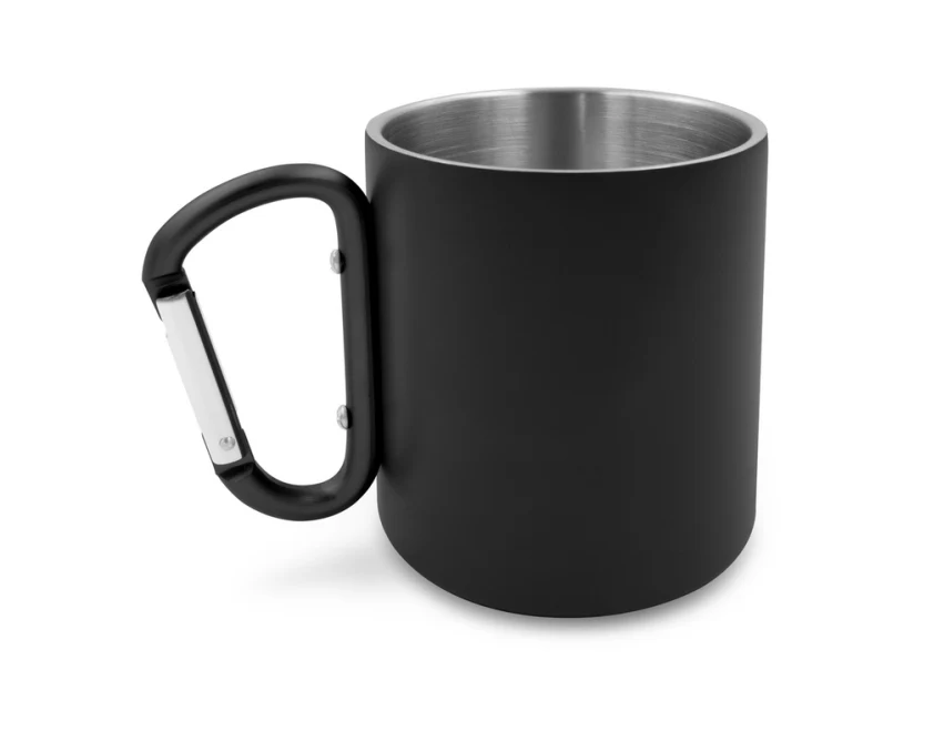 Czarny kubek metalowy 280 ml z karabińczykiem i nadrukiem