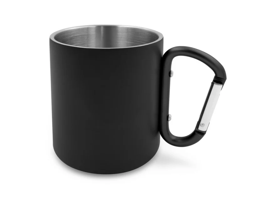 Czarny kubek metalowy 280 ml z karabińczykiem i nadrukiem