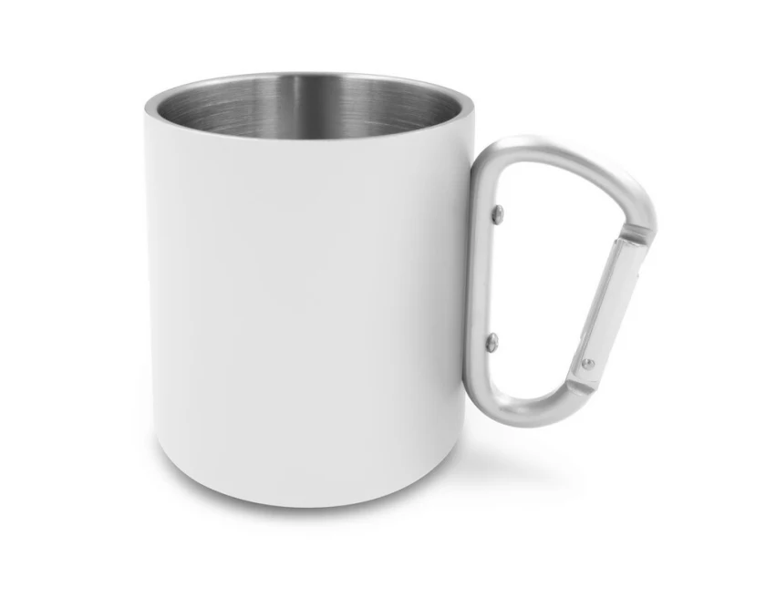 Biały kubek stalowy 280 ml z karabińczykiem i logo
