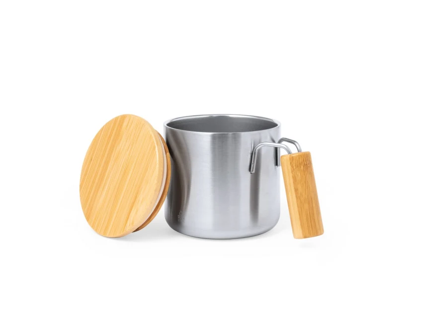 Srebrny kubek metalowy 330 ml z bambusową pokrywką