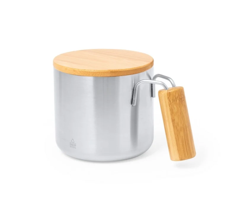 Srebrny kubek metalowy 330 ml z bambusową pokrywką