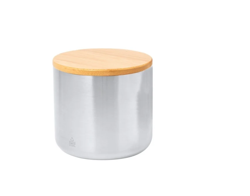 Srebrny kubek metalowy 330 ml z bambusową pokrywką