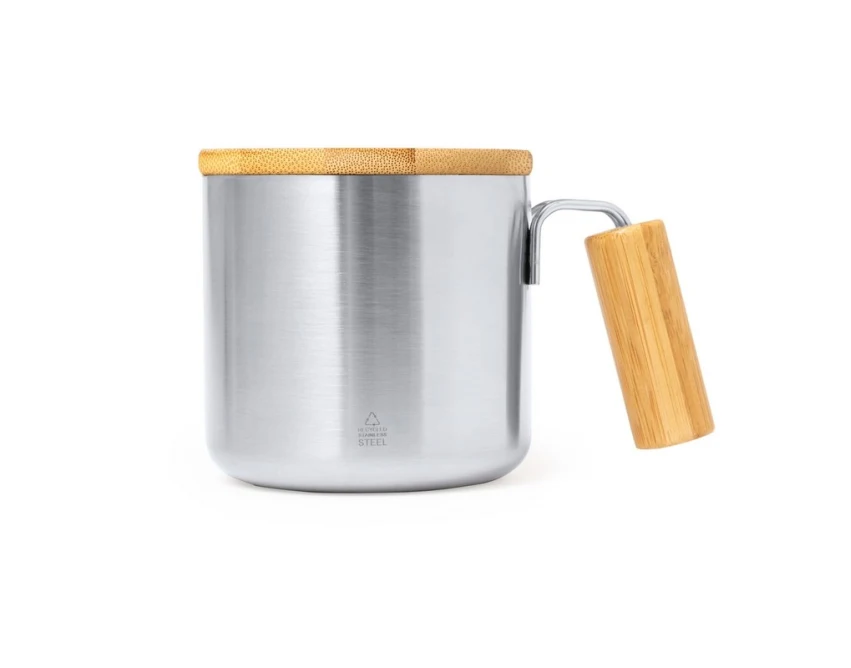 Srebrny kubek metalowy 330 ml z bambusową pokrywką