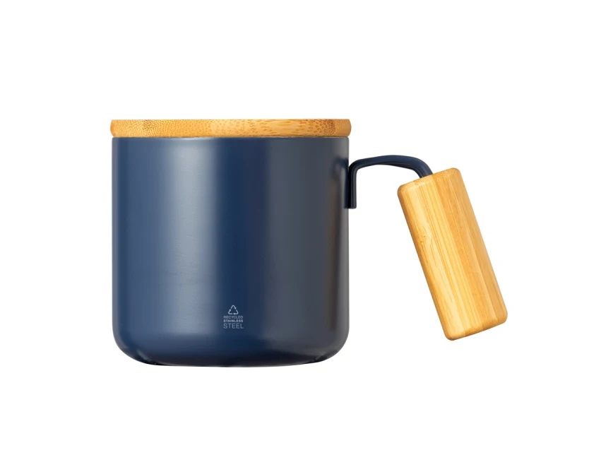 Granatowy kubek metalowy 330 ml z bambusowym wieczkiem i logo