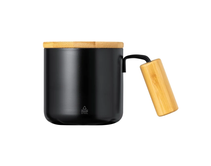 Czarny kubek termiczny 330 ml z bambusową pokrywką, logo