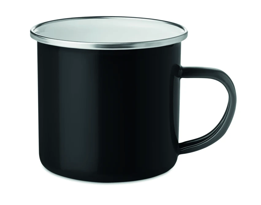 Czarny kubek emaliowany z logo 350 ml – retro dla firm