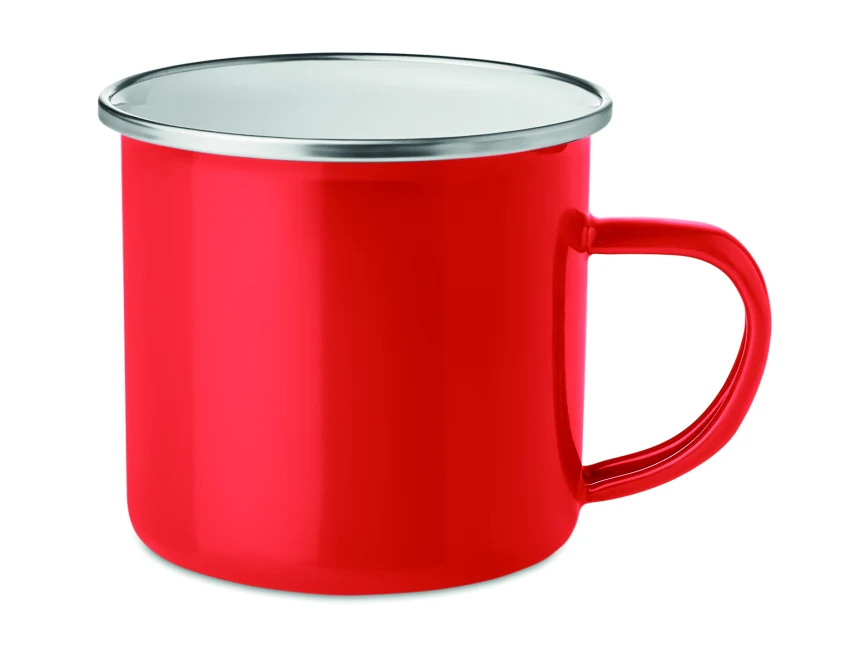 Czerwony kubek emaliowany vintage 350 ml z logo firmy