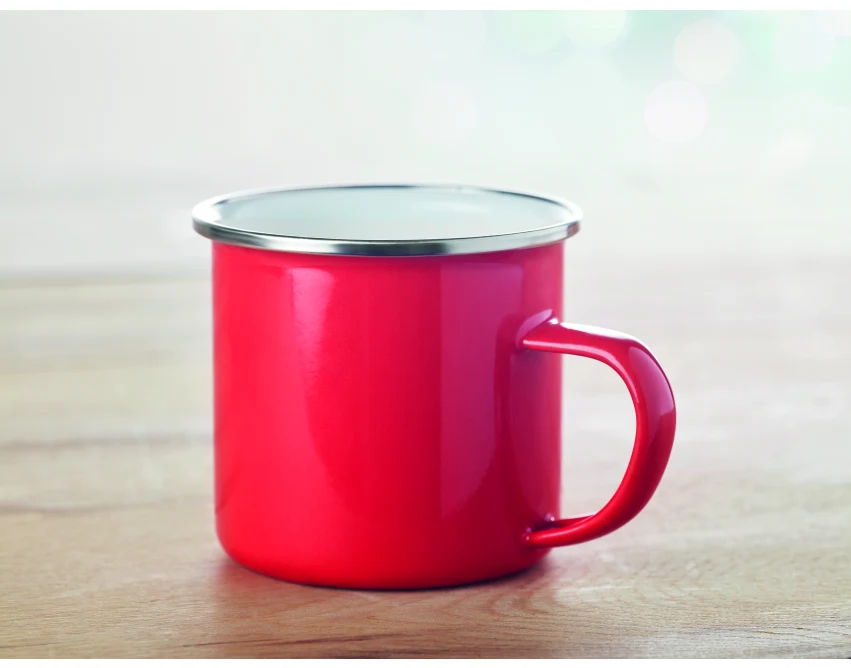 Czerwony kubek emaliowany vintage 350 ml z logo firmy
