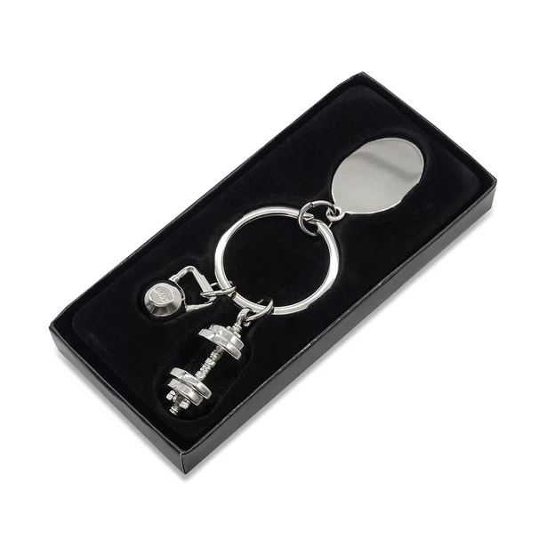 Brelok GymKey srebrny – stal nierdzewna, kettlebell, pudełko