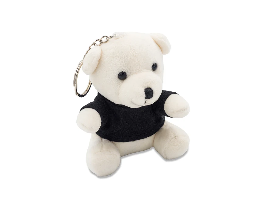 Biały pluszowy brelok miś z czarną koszulką i logo
