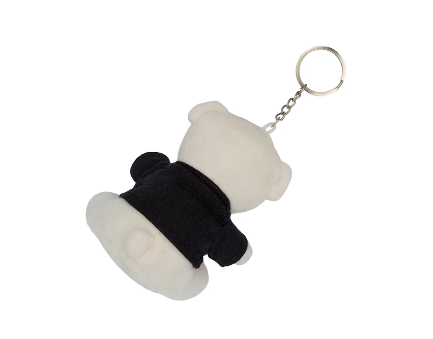 Biały pluszowy brelok miś z czarną koszulką i logo